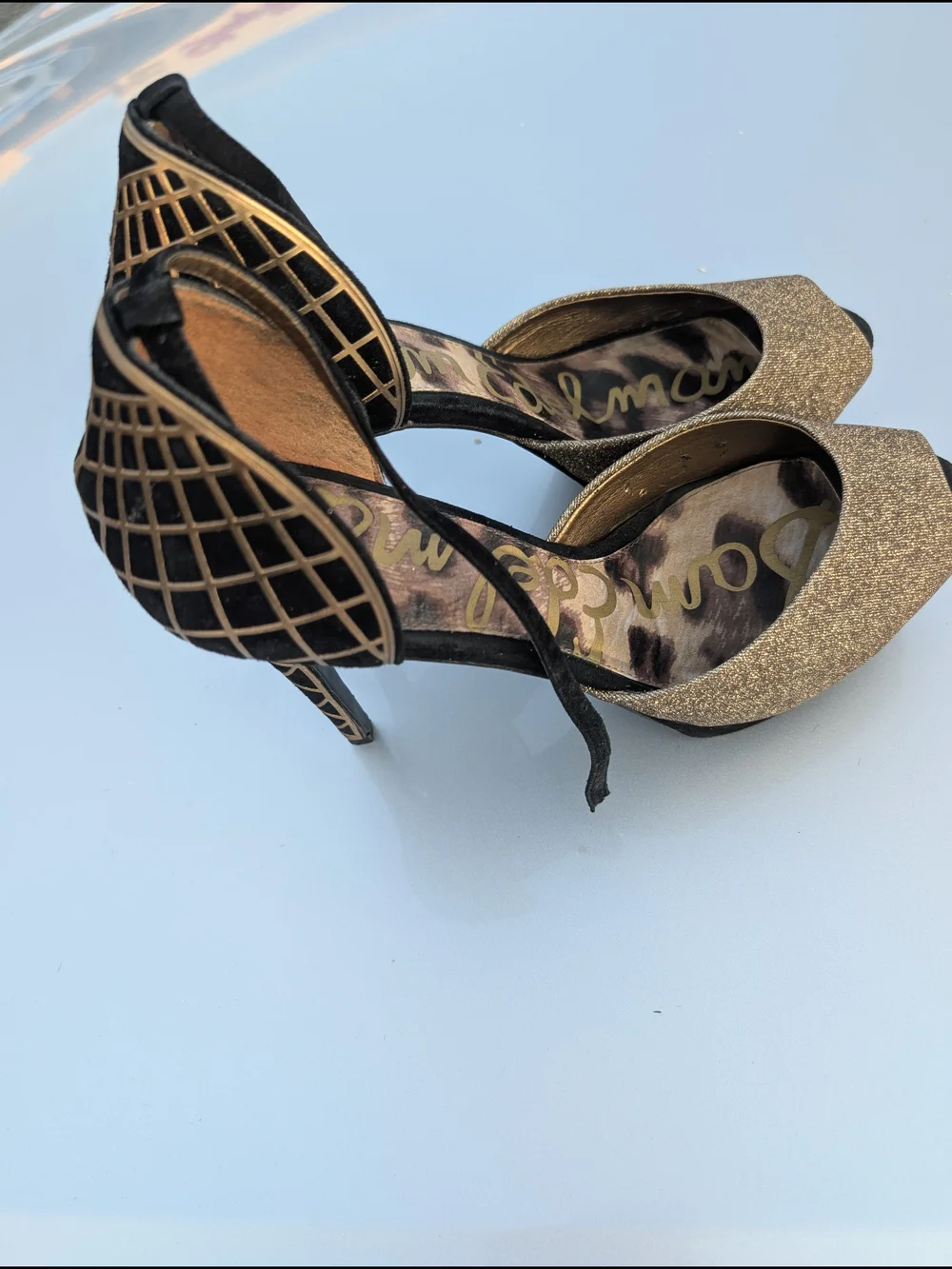 Sam Edelman Gold Glitter Peep-Toe Ankle Strap Heels